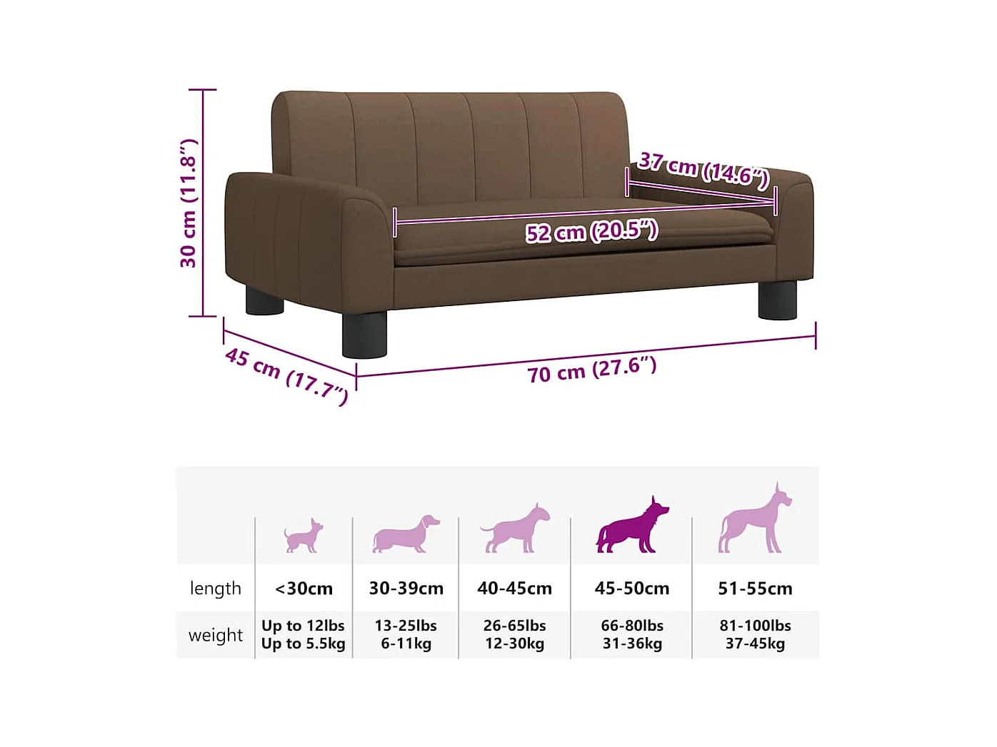 Lit pour chien marron 70x45x30 cm tissu