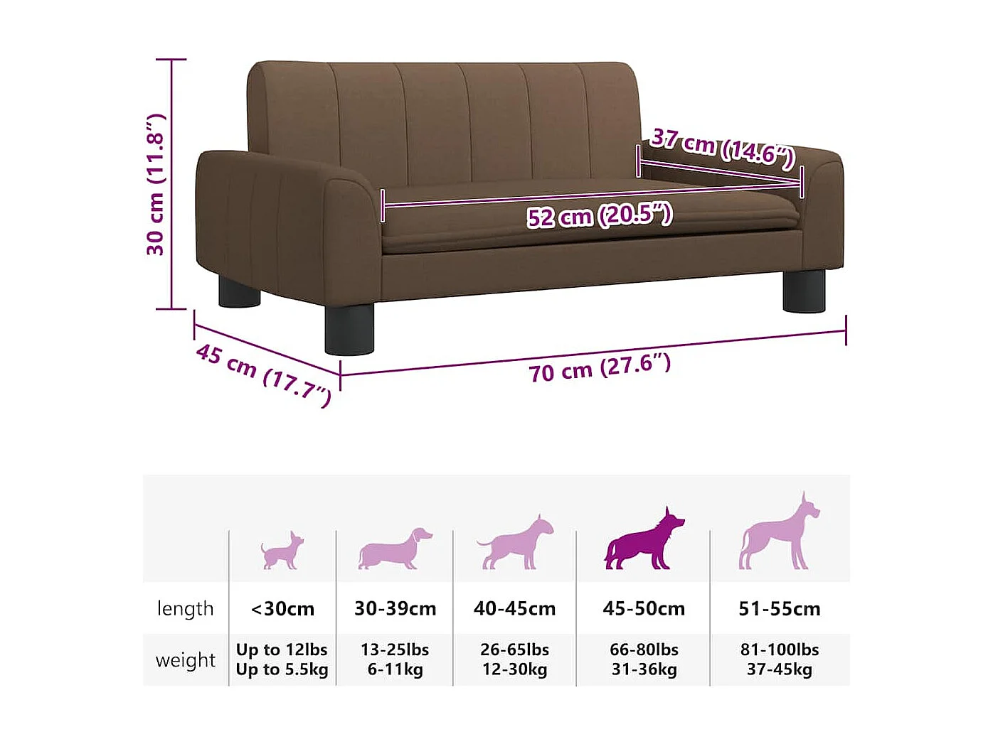 Lit pour chien marron 70x45x30 cm tissu