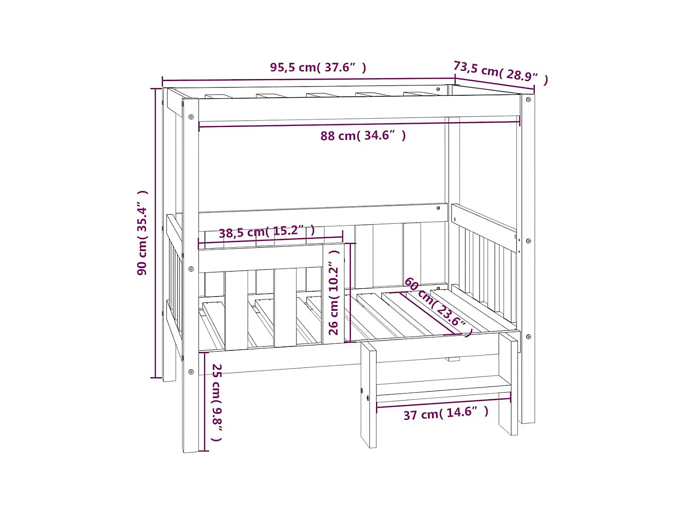 Cama para perros madera maciza de pino 95,5x73,5x90 cm