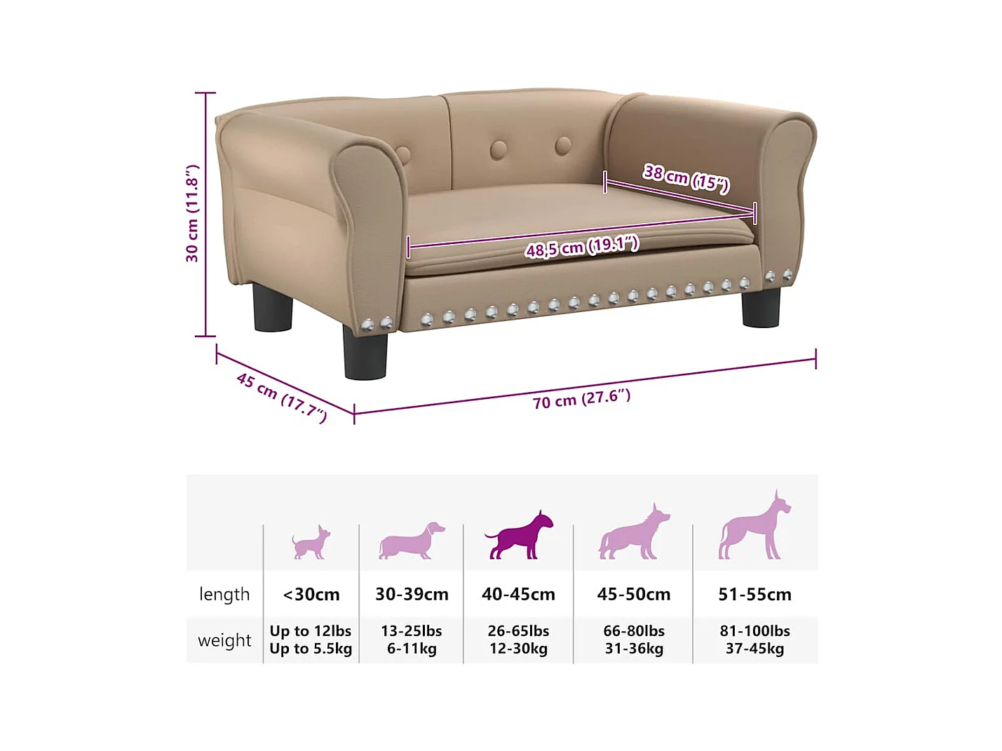 Cama para perros de cuero sintético color capuchino 70x45x30 cm