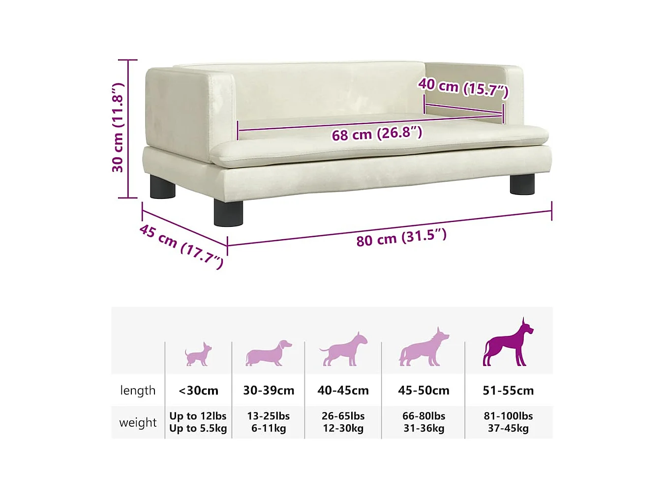 Cama para perros de terciopelo crema 80x45x30 cm