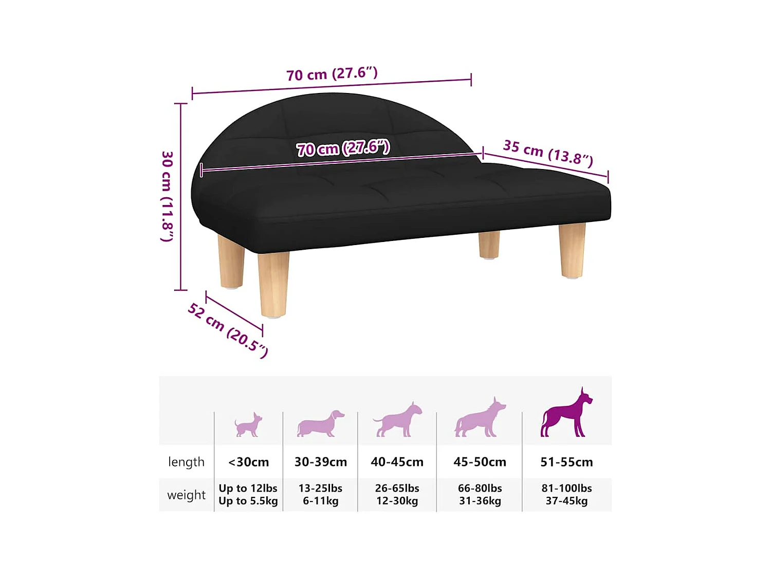 Cama para perros de tela negra 70x52x30 cm