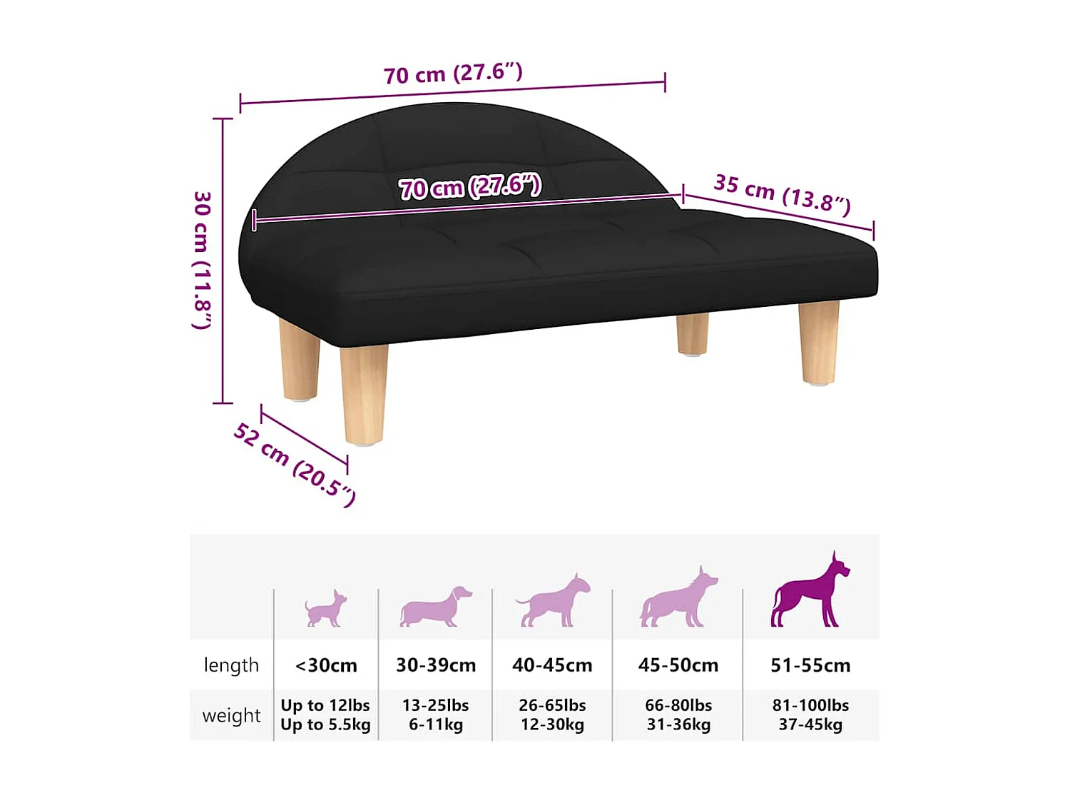 Lit pour chien noir 70x52x30 cm tissu