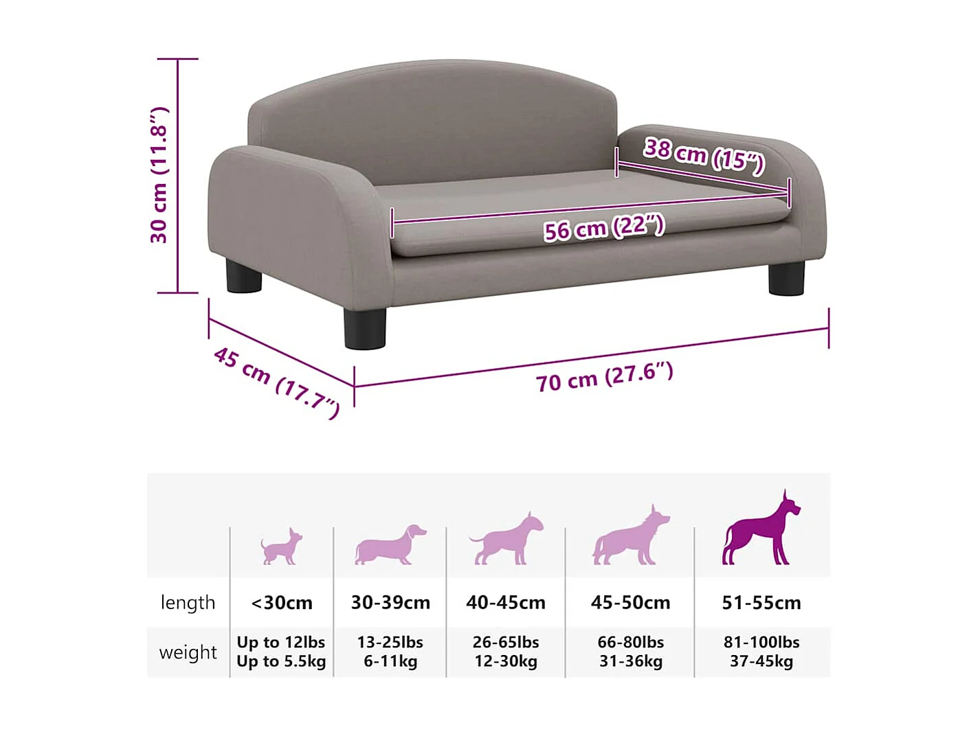 Lit pour chien taupe 70x45x30 cm tissu