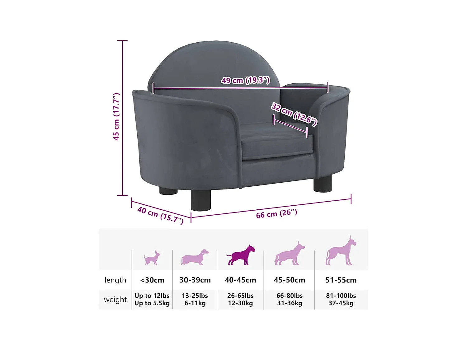 Cama para perros de terciopelo gris oscuro 66x40x45 cm