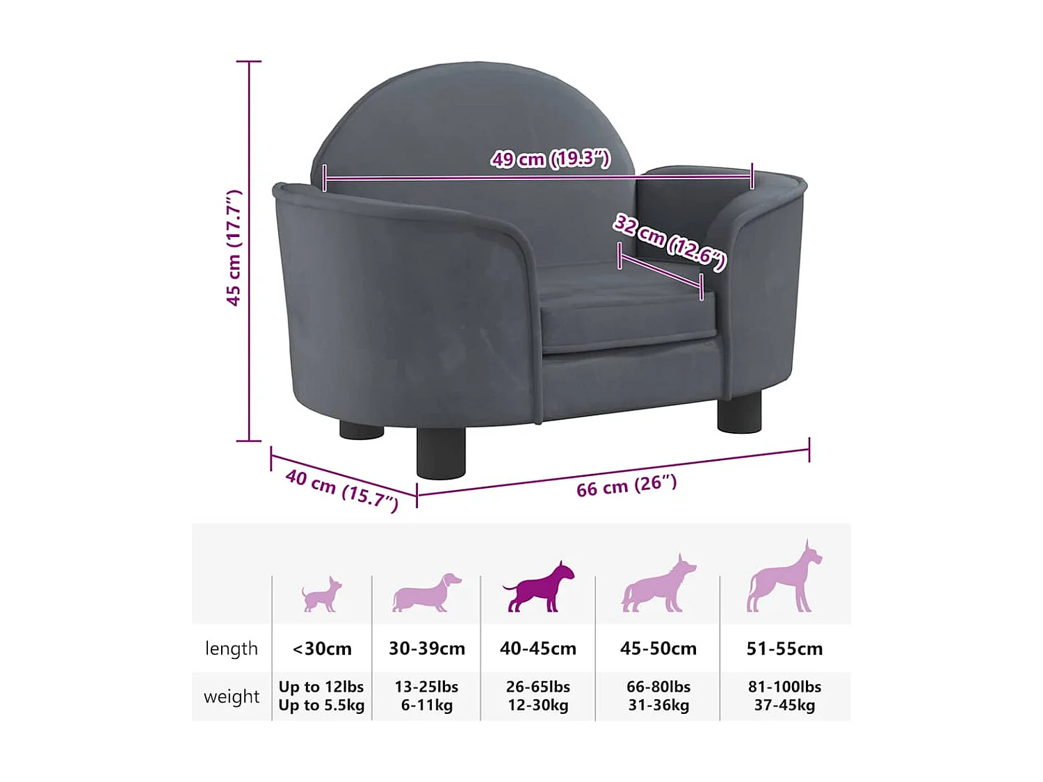Cama para cães 66x40x45 cm veludo cinzento-escuro
