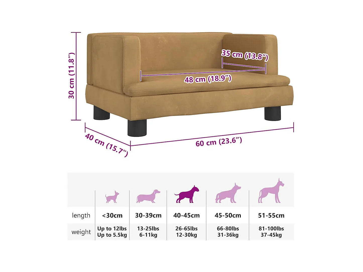 Cama para cães 60x40x30 cm veludo castanho