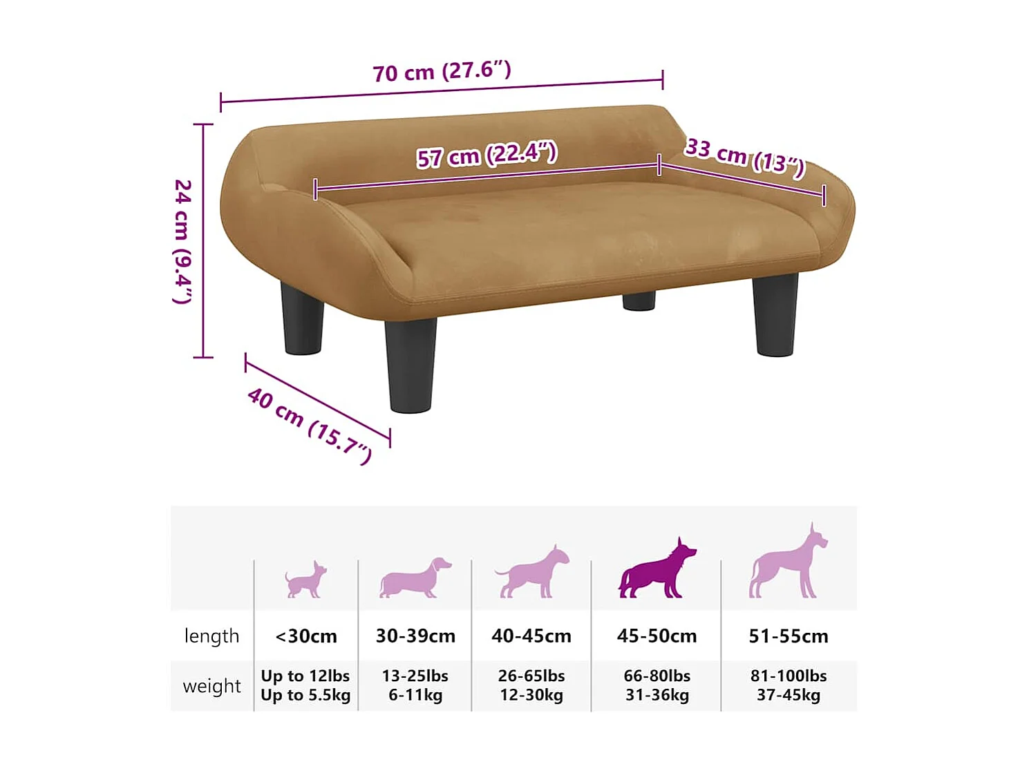 Lit pour chien marron 70x40x24 cm velours