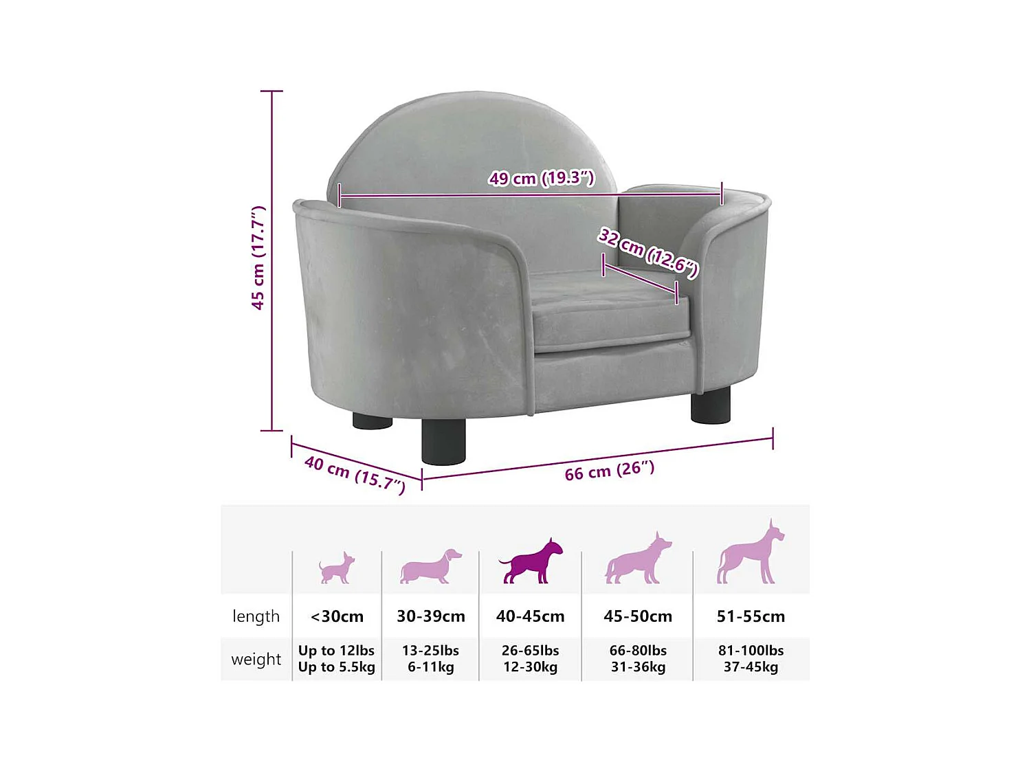 Cama para perros de terciopelo gris claro 66x40x45 cm
