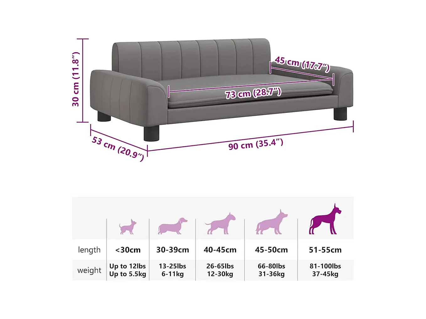 Cama para perros de cuero sintético gris 90x53x30 cm