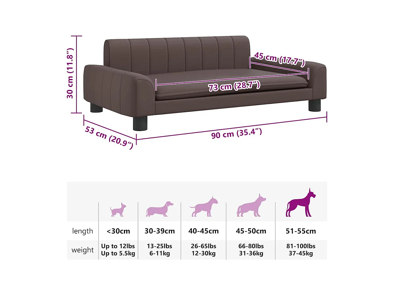 Cama para perros de cuero sintético marrón 90x53x30 cm