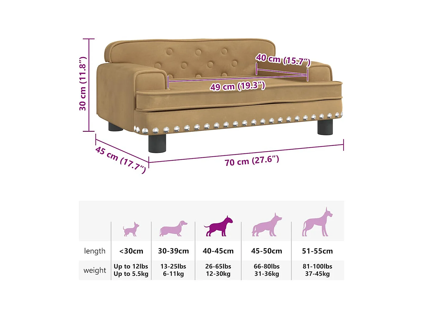 Cama para perros de terciopelo marrón 70x45x30 cm
