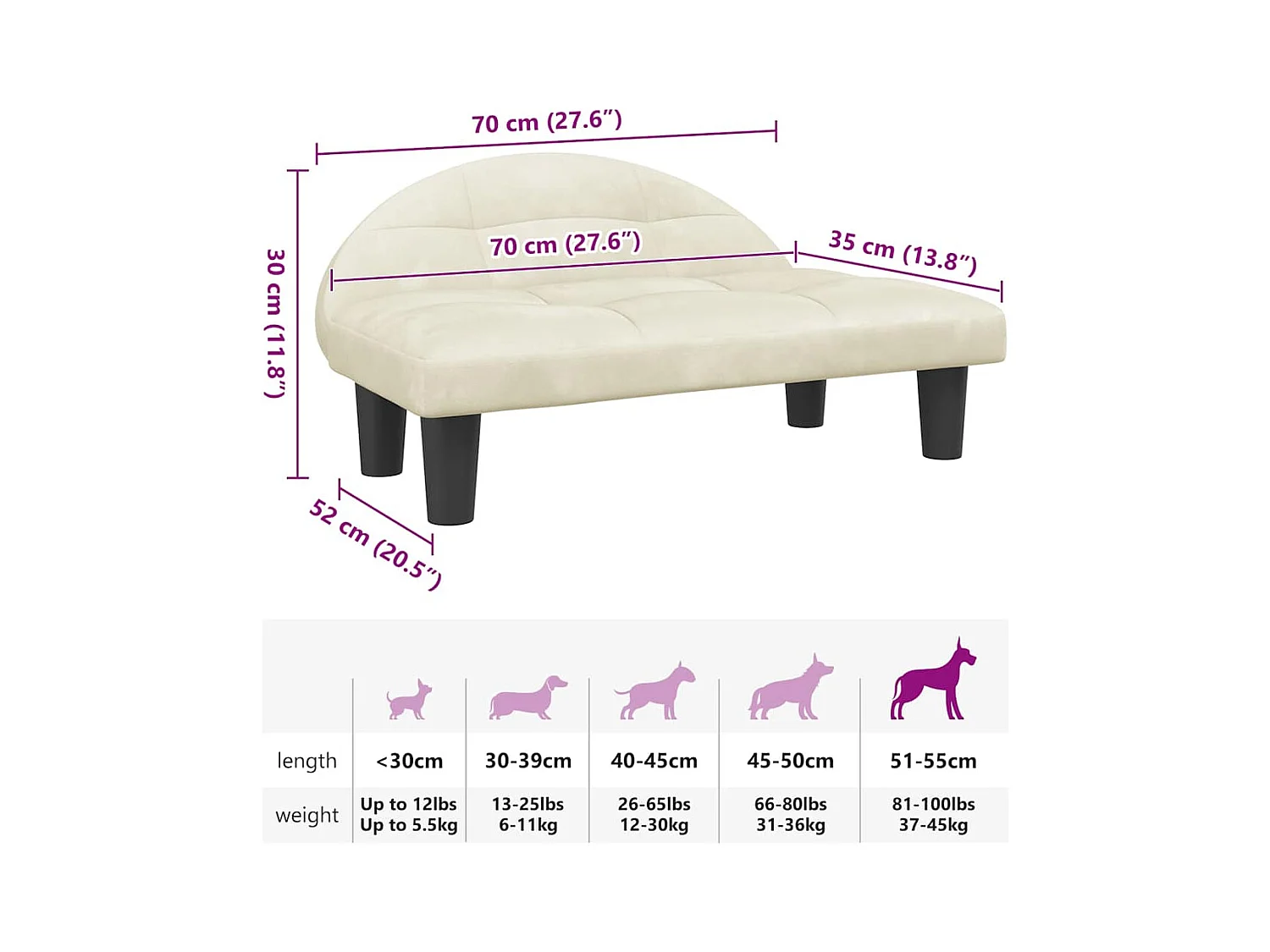 Cama para perros de terciopelo crema 70x52x30 cm