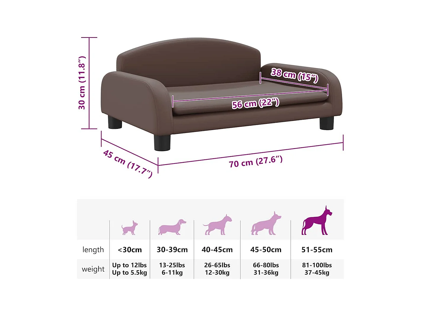 Cama para perros de cuero sintético marrón 70x45x30 cm