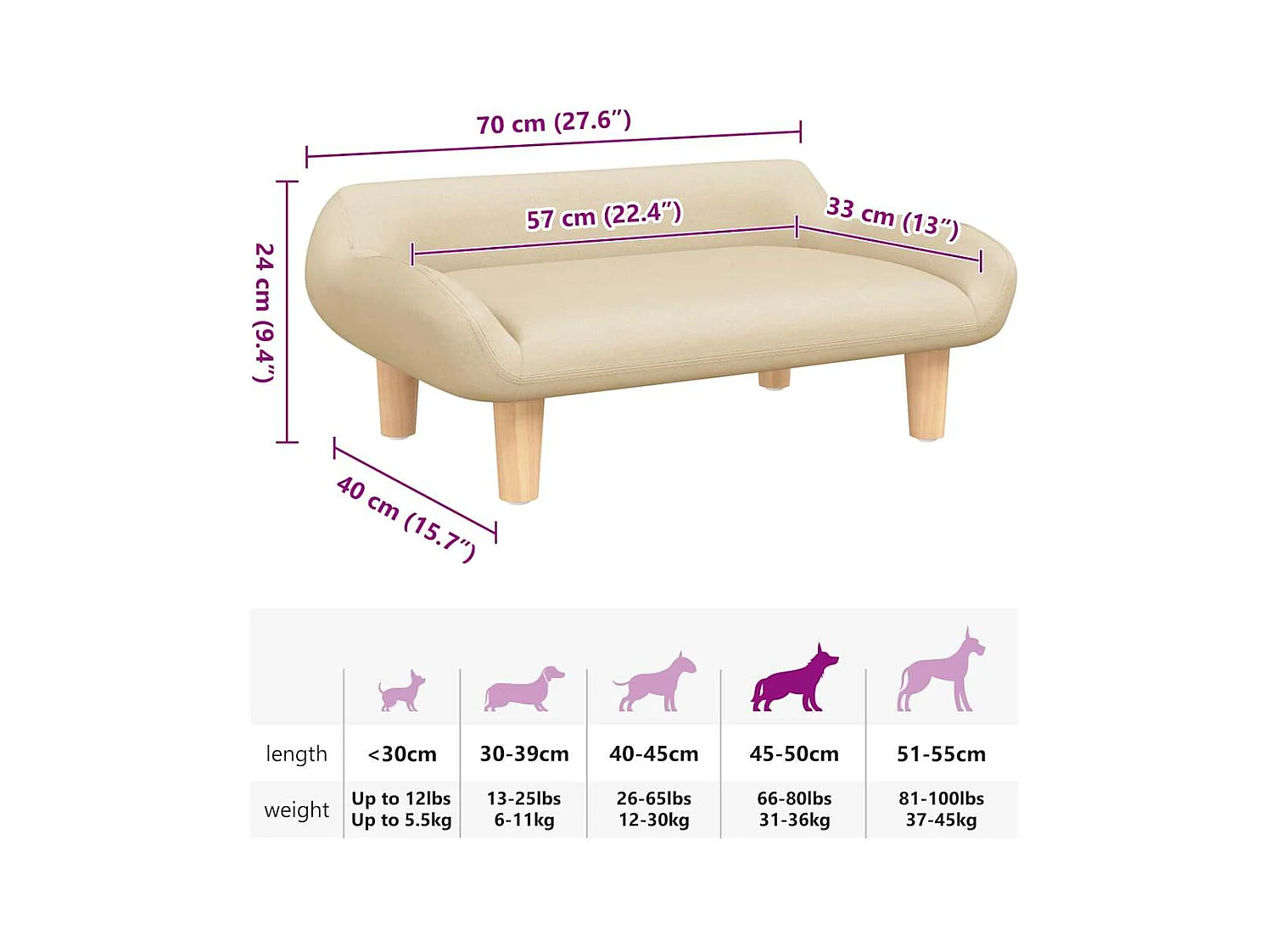 Cama para perros de tela crema 70x40x24 cm