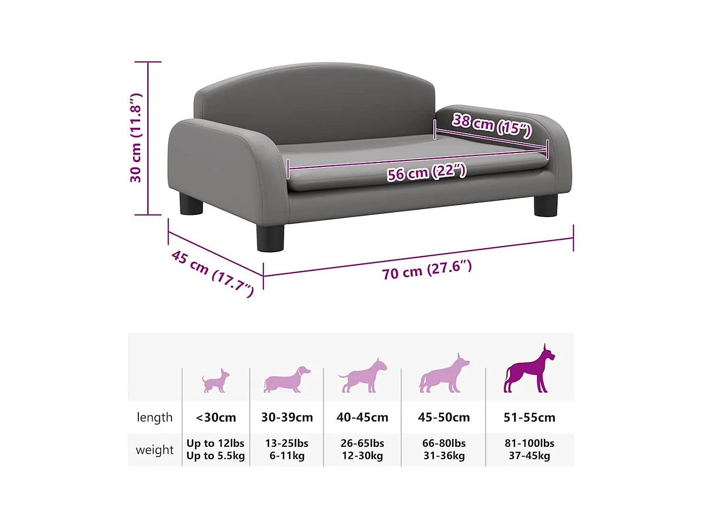 Cama para perros de cuero sintético gris 70x45x30 cm