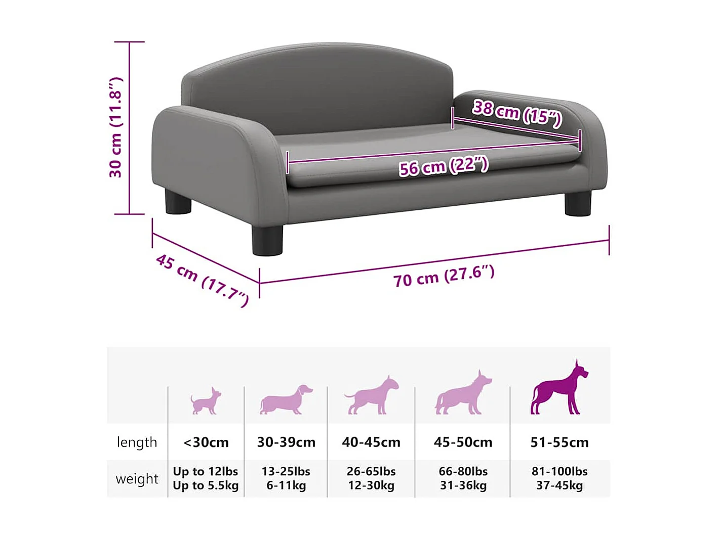 Lit pour chien gris 70x45x30 cm similicuir