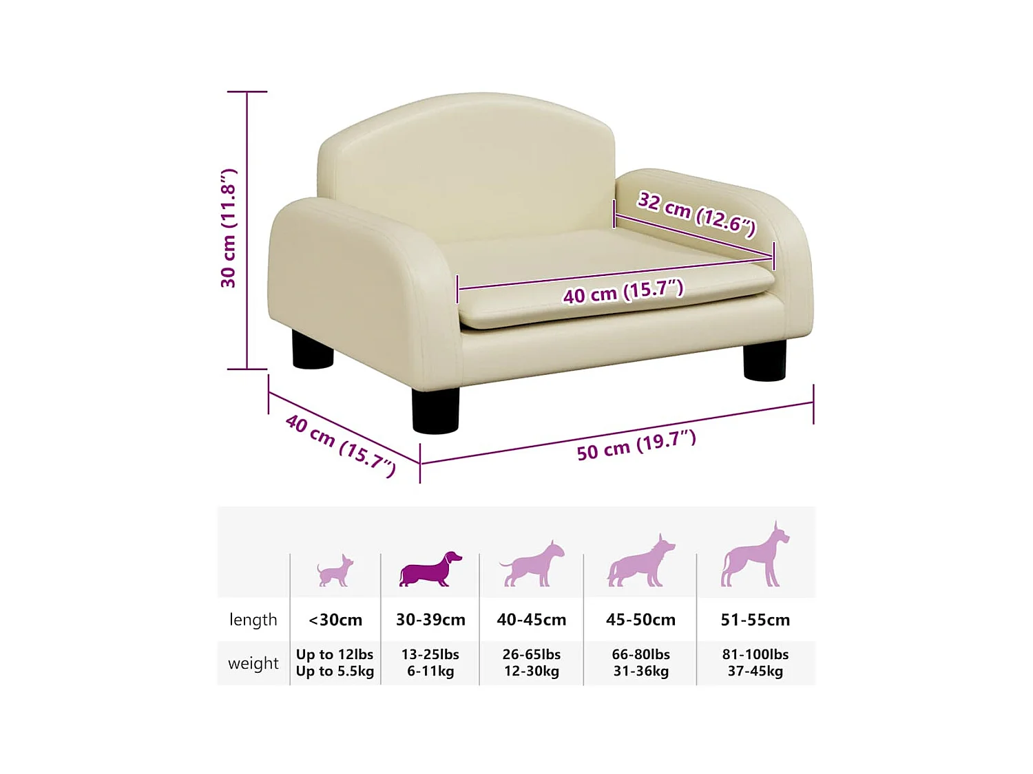 Cama para perros de cuero sintético crema 50x40x30 cm