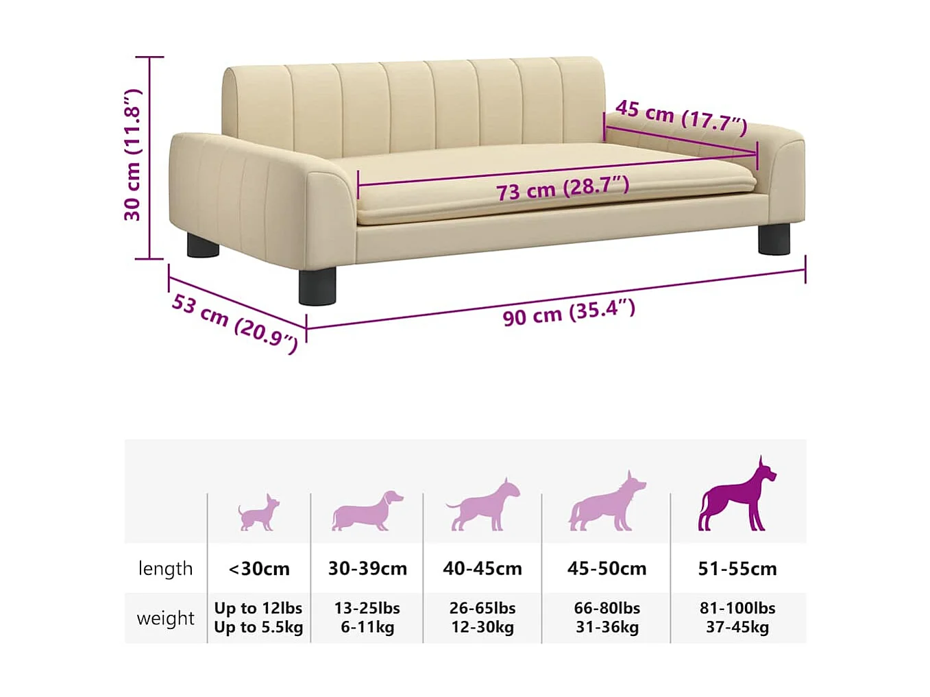 Cama para perros de tela crema 90x53x30 cm