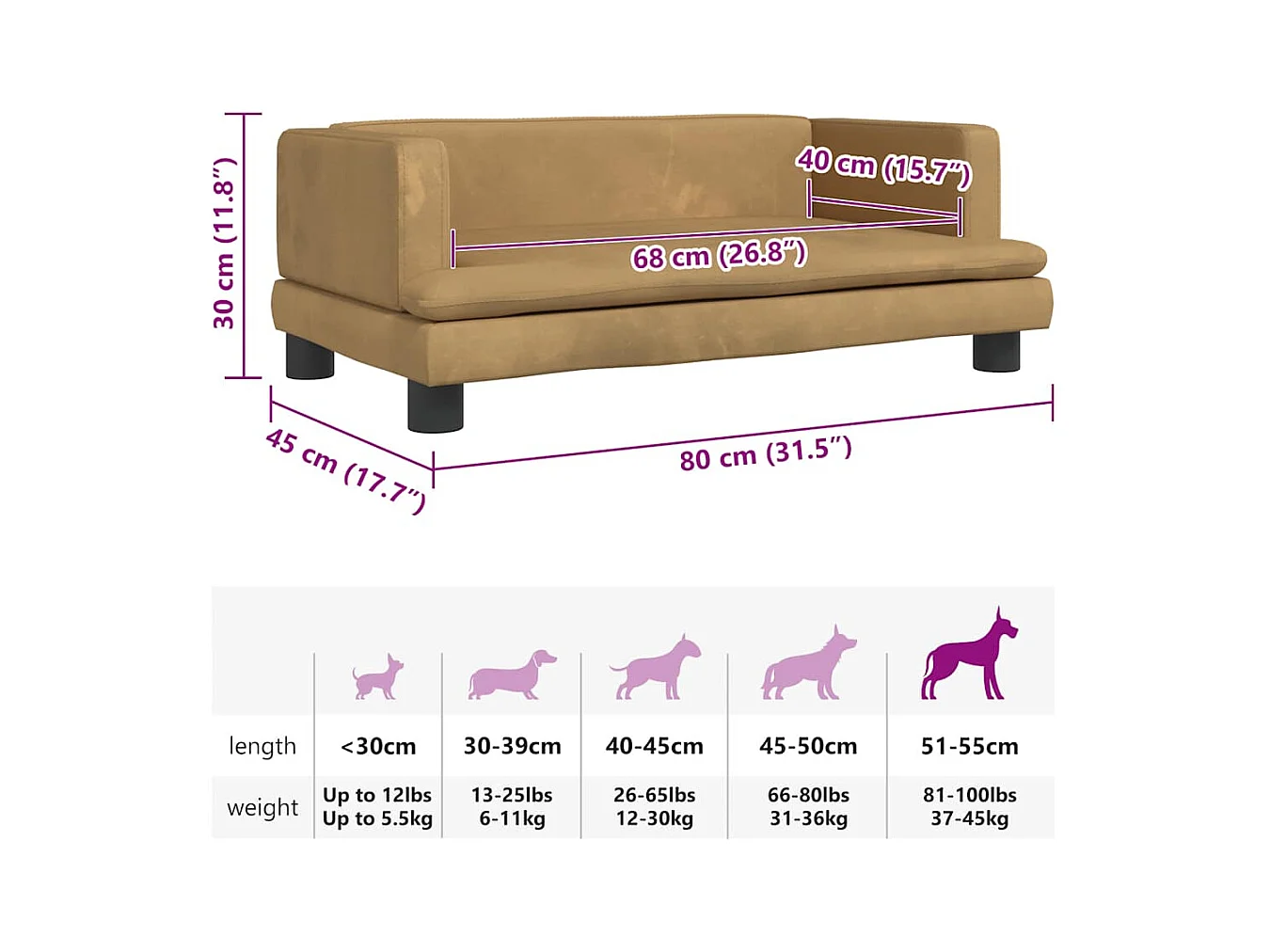 Cama para perros de terciopelo marrón 80x45x30 cm