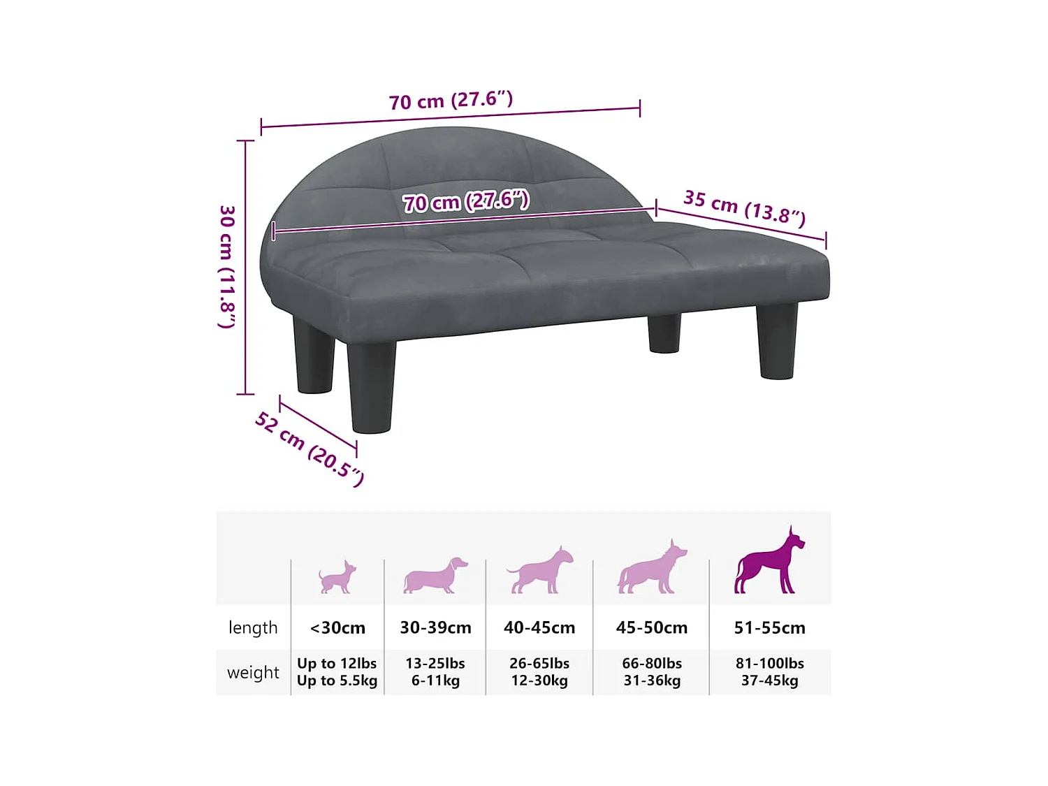 Cama para perros de terciopelo gris oscuro 70x52x30 cm