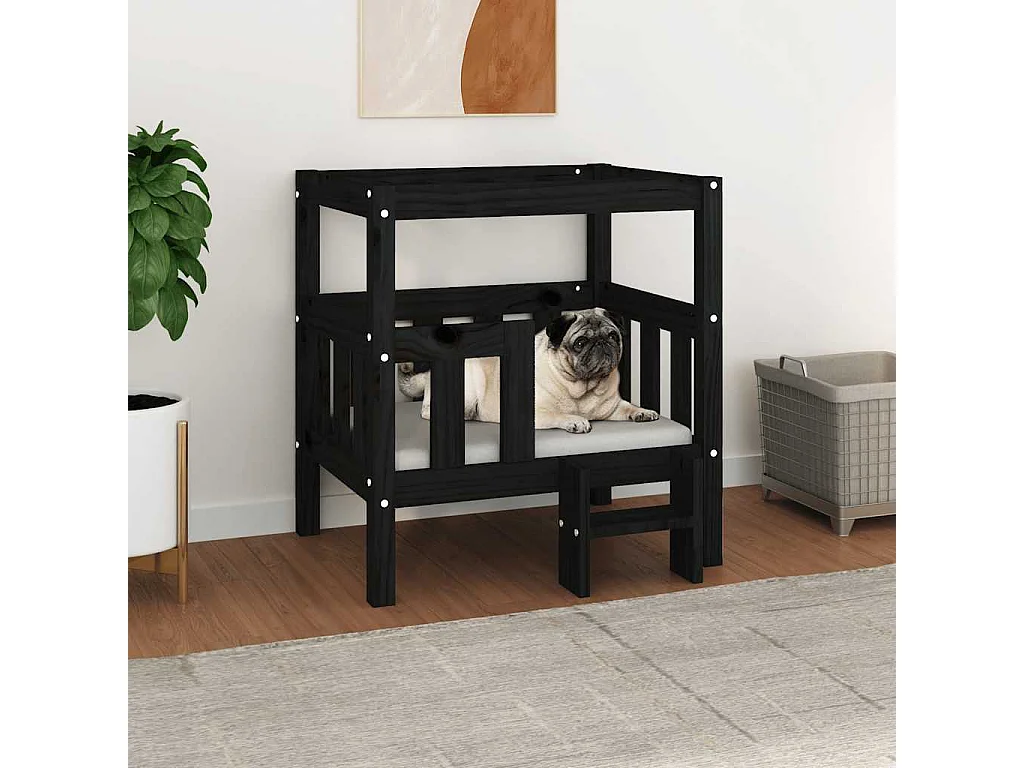 Lit pour chien Noir 65,5x50,5x70 cm Bois de pin solide