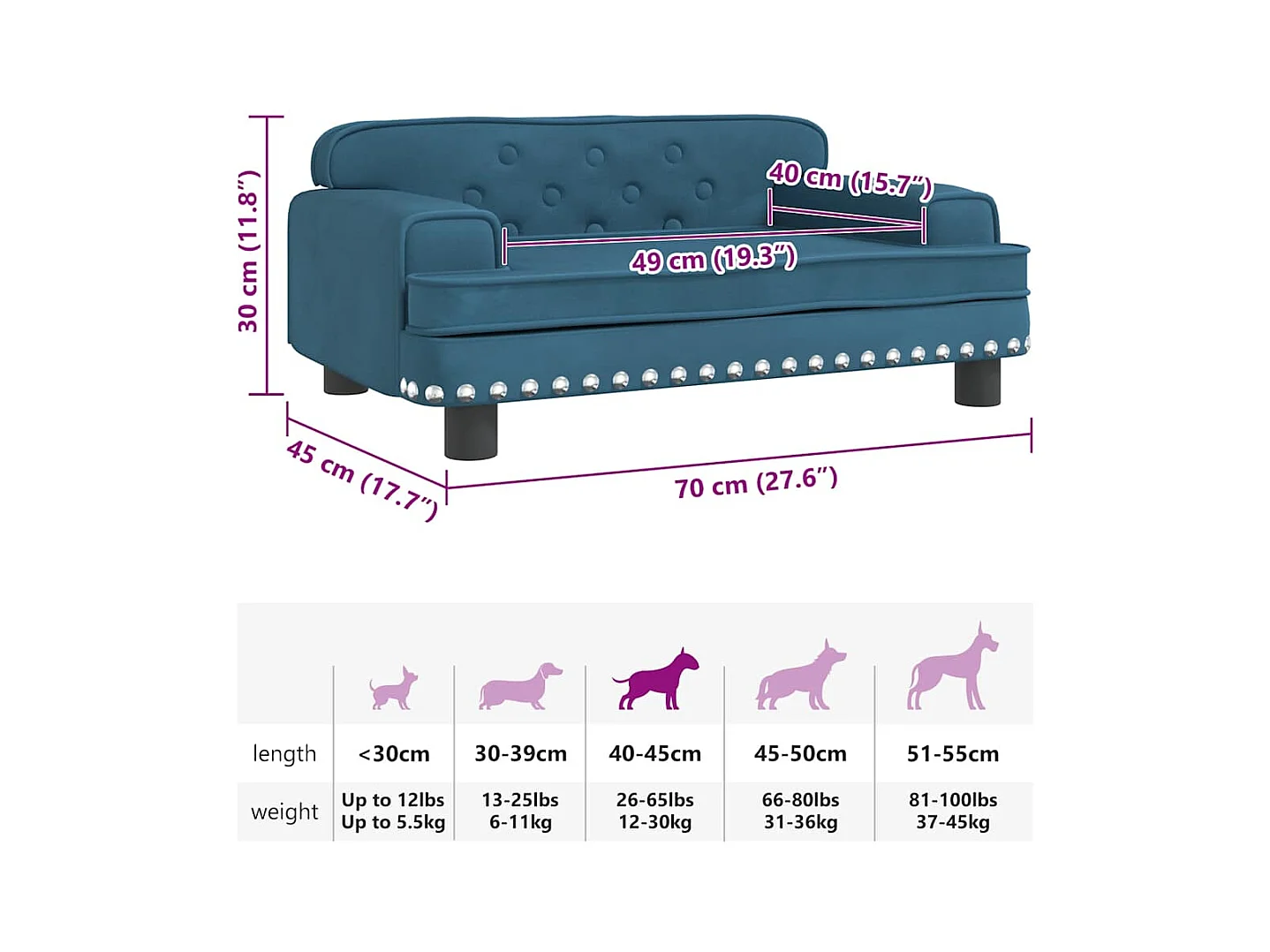 Cama para perros de terciopelo azul 70x45x30 cm