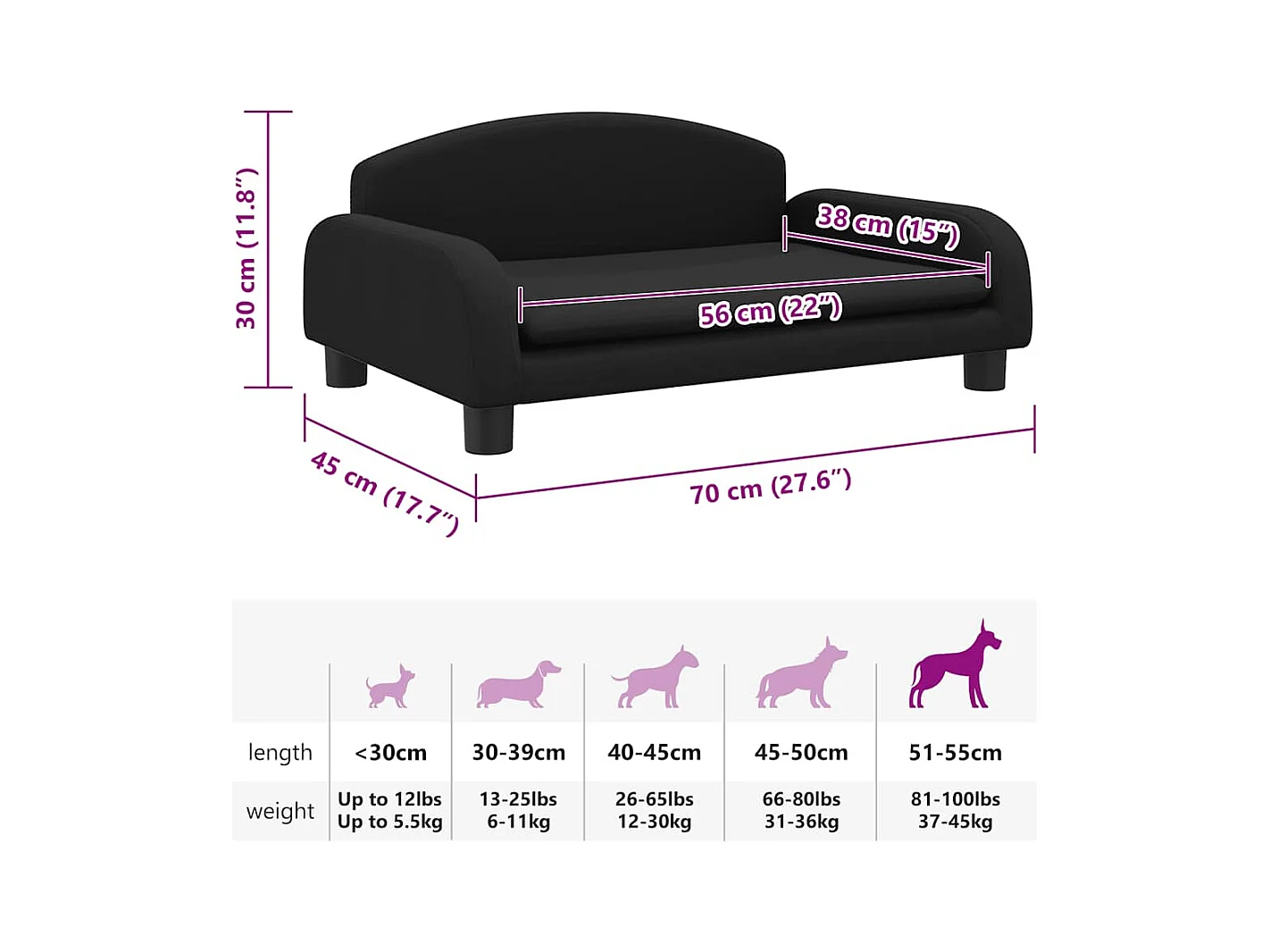 Cama para perros de tela negra 70x45x30 cm
