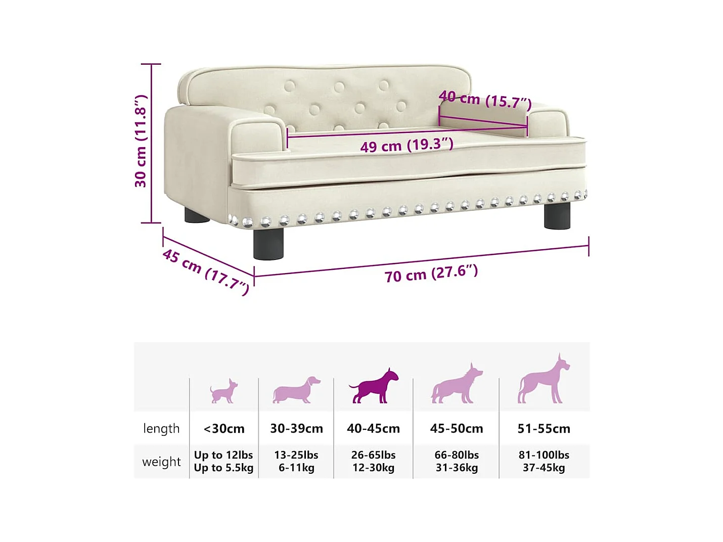 Cama para perros de terciopelo crema 70x45x30 cm
