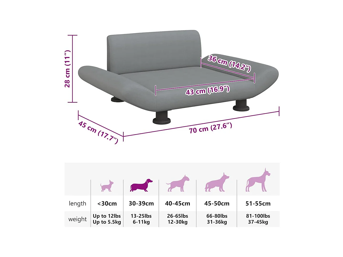 Cama para cães 70x45x28 cm tecido cinzento-claro