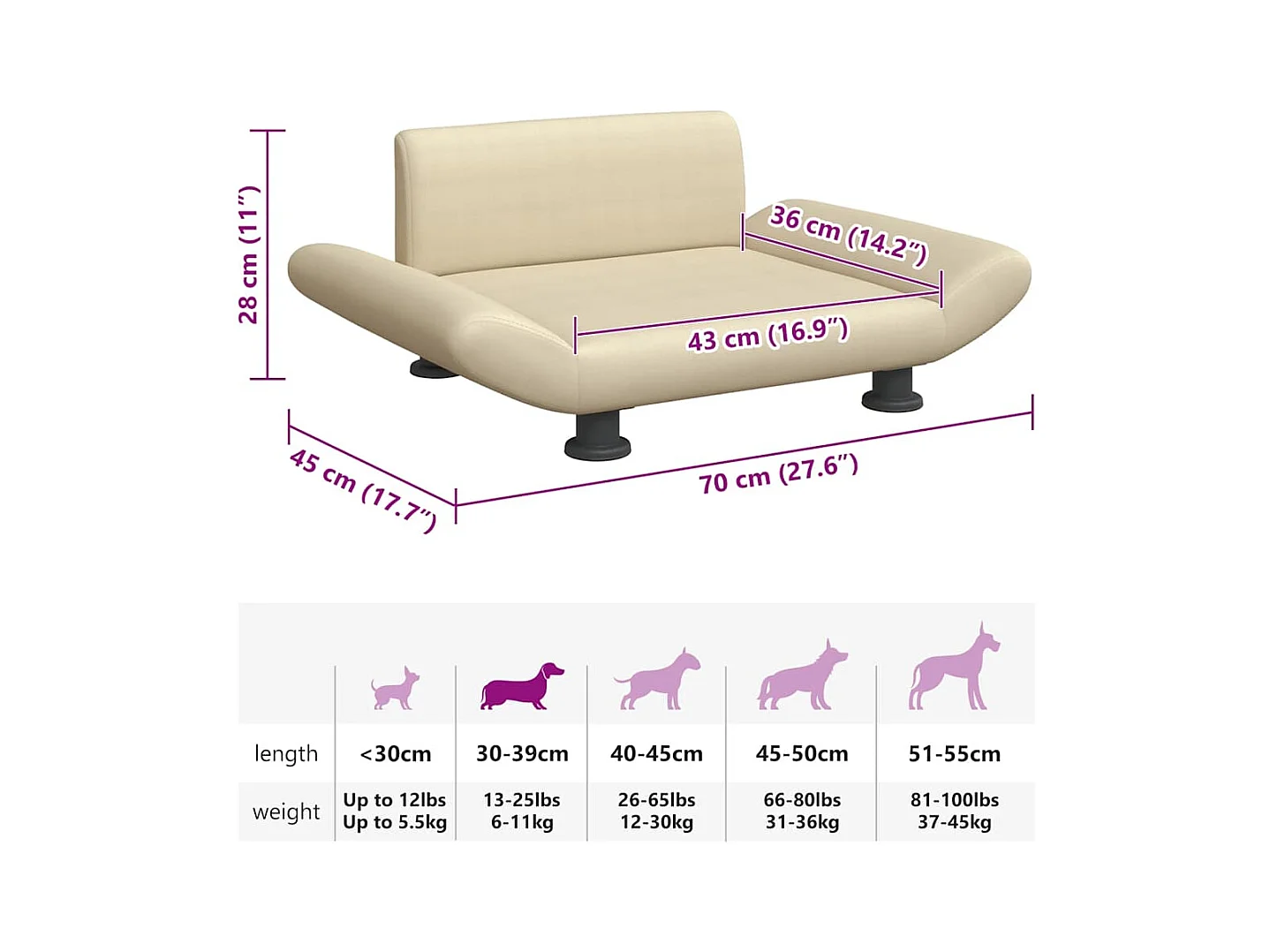 Cama para perros de tela crema 70x45x28 cm