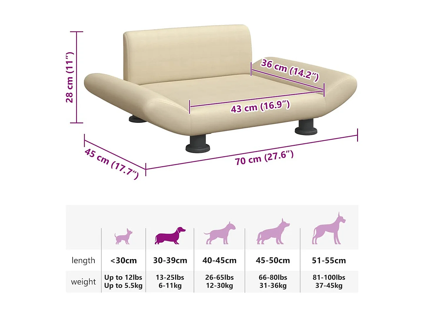 Lit pour chien crème 70x45x28 cm tissu