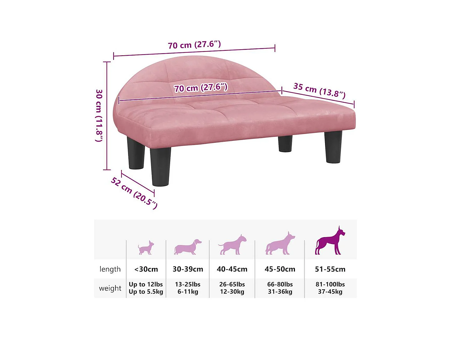 Cama para perros de terciopelo rosa 70x52x30 cm
