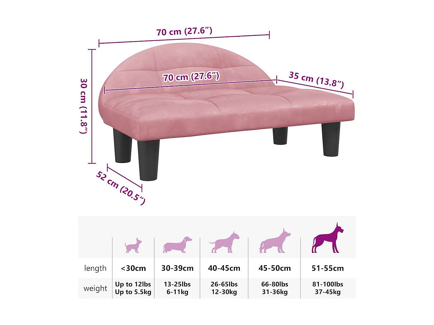 Cama para perros de terciopelo rosa 70x52x30 cm