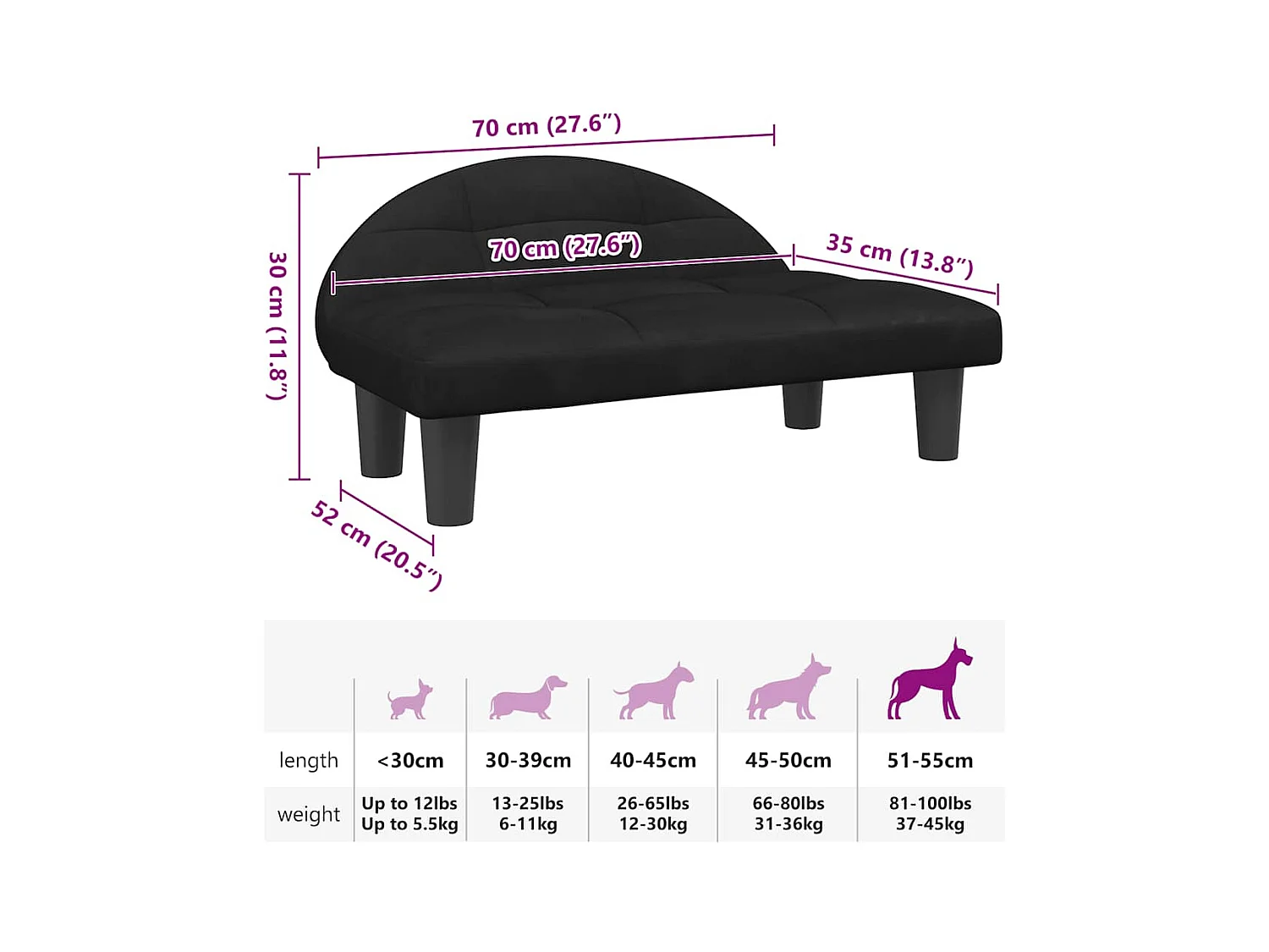 Cama para perros de terciopelo negra 70x52x30 cm