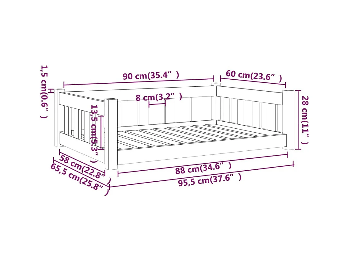Cama para perros madera maciza de pino blanco 95,5x65,5x28 cm