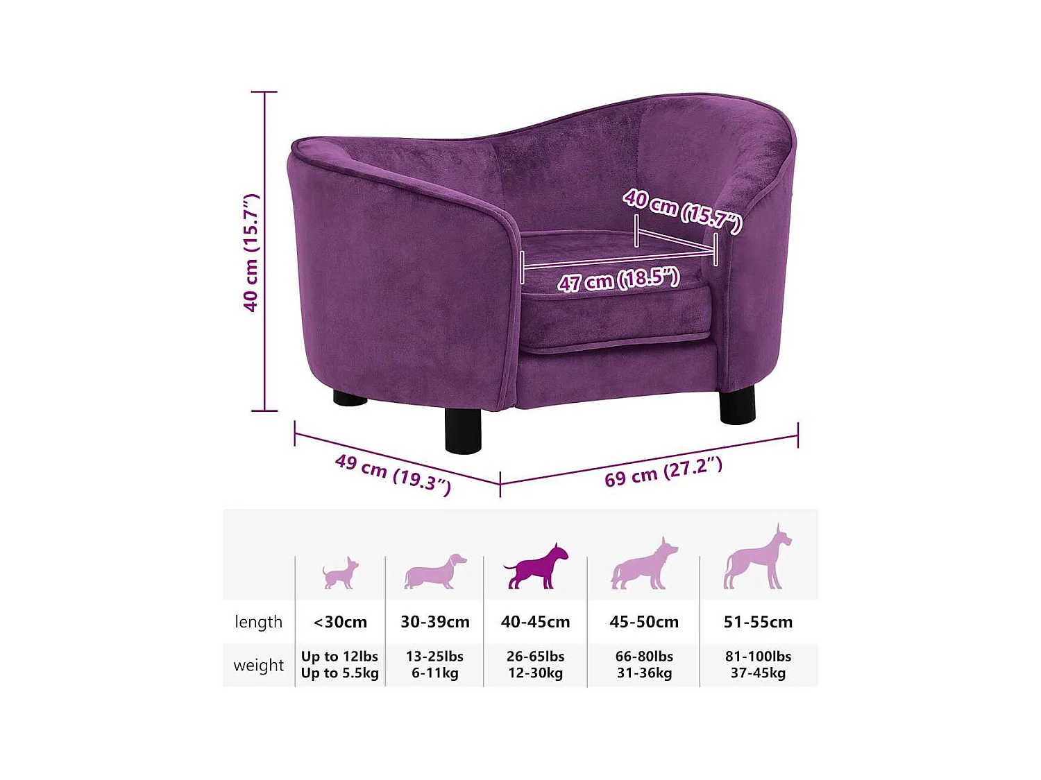 Canapé pour chien Bordeaux 69x49x40 cm Peluche