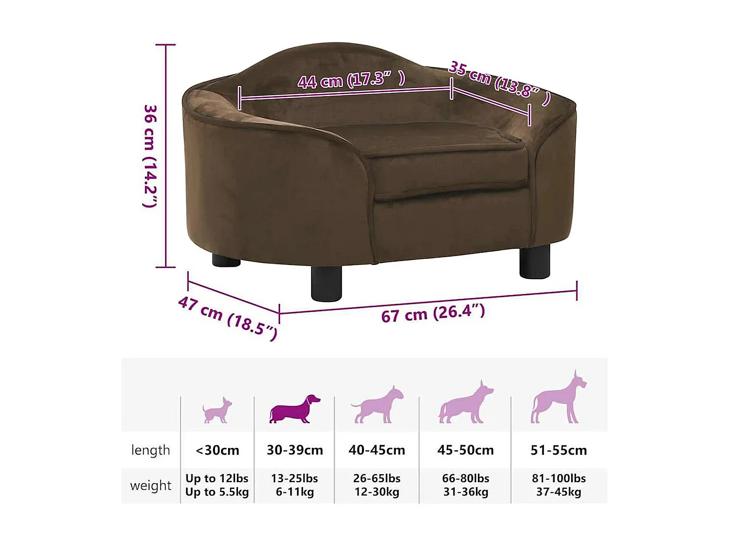 Sofá para perros felpa marrón 67x47x36 cm