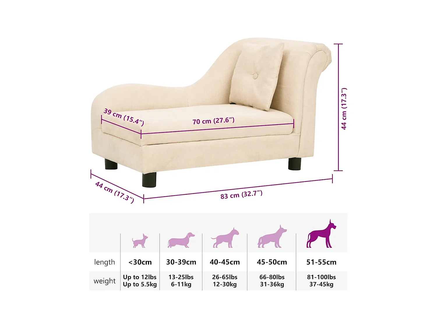 Canapé pour chien avec oreiller Crème 83x44x44 cm Peluche