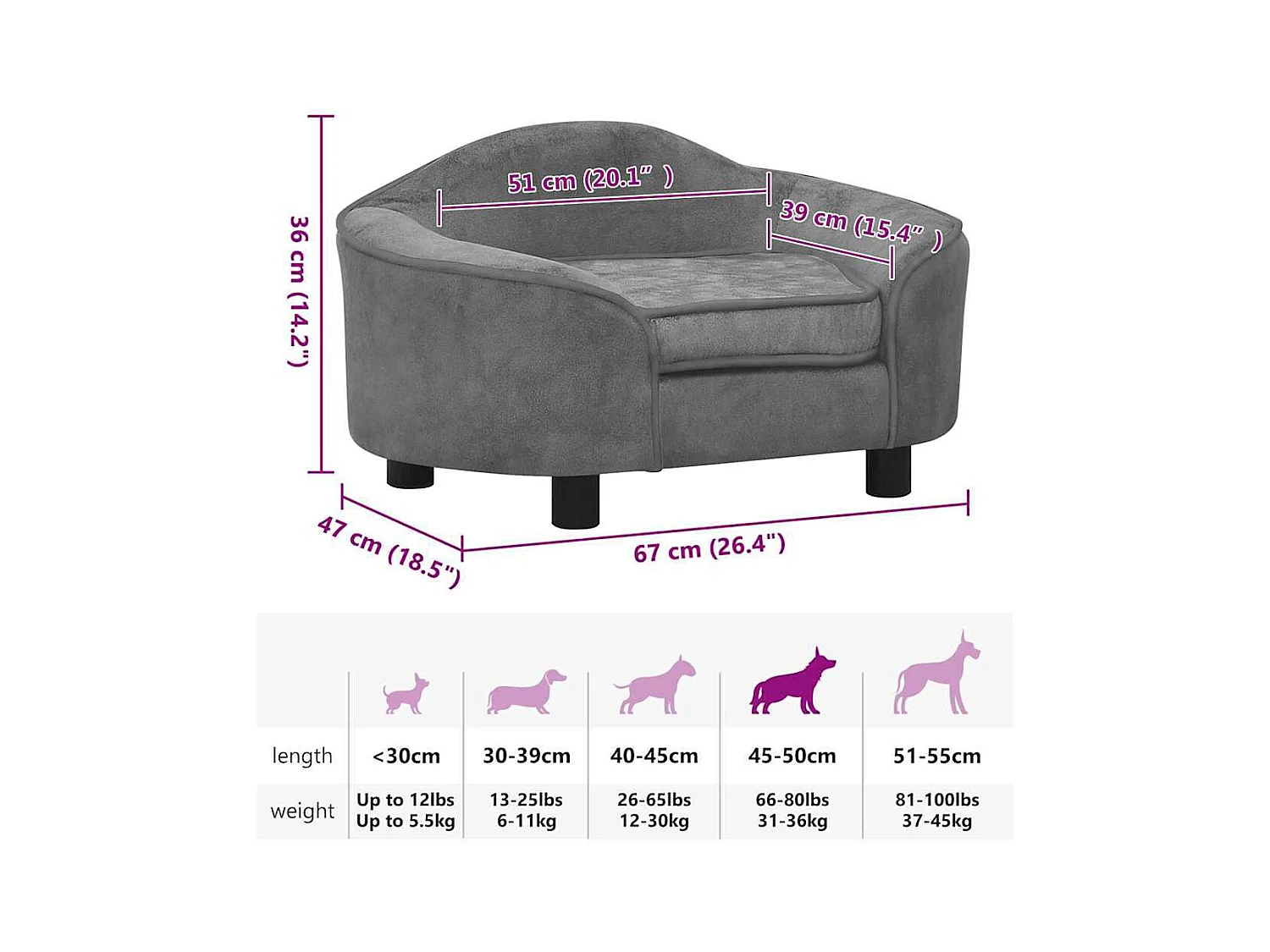 Canapé pour chien Gris 67x47x36 cm Peluche