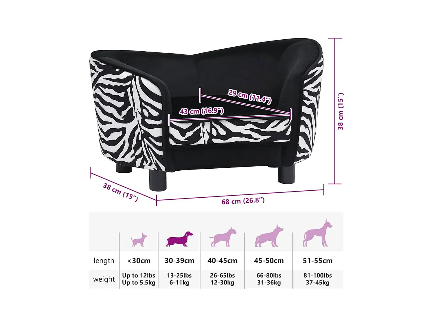 Canapé pour chien Noir 68x38x38 cm Peluche