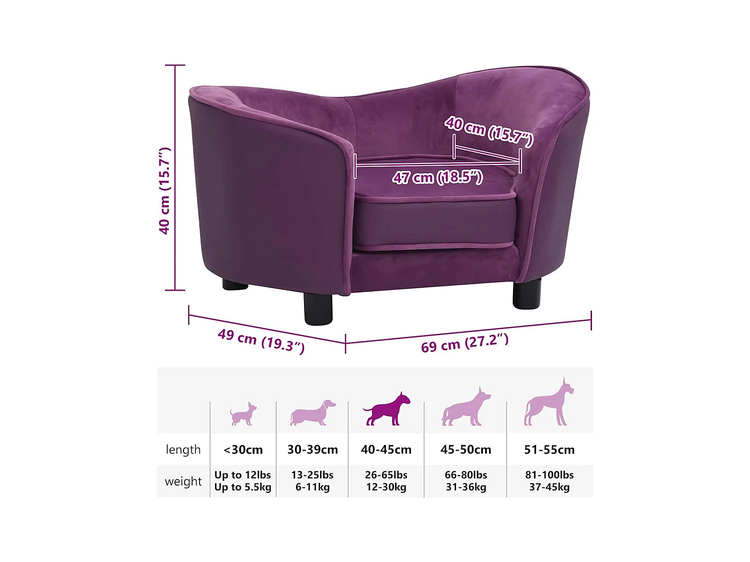 Canapé pour chien Bordeaux 69x49x40 cm Peluche et similicuir