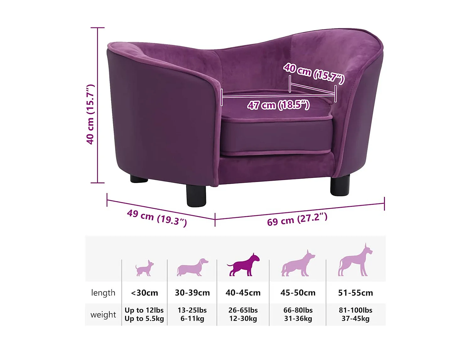 Hondenbank 69x49x40 cm pluche en kunstleer bordeauxrood