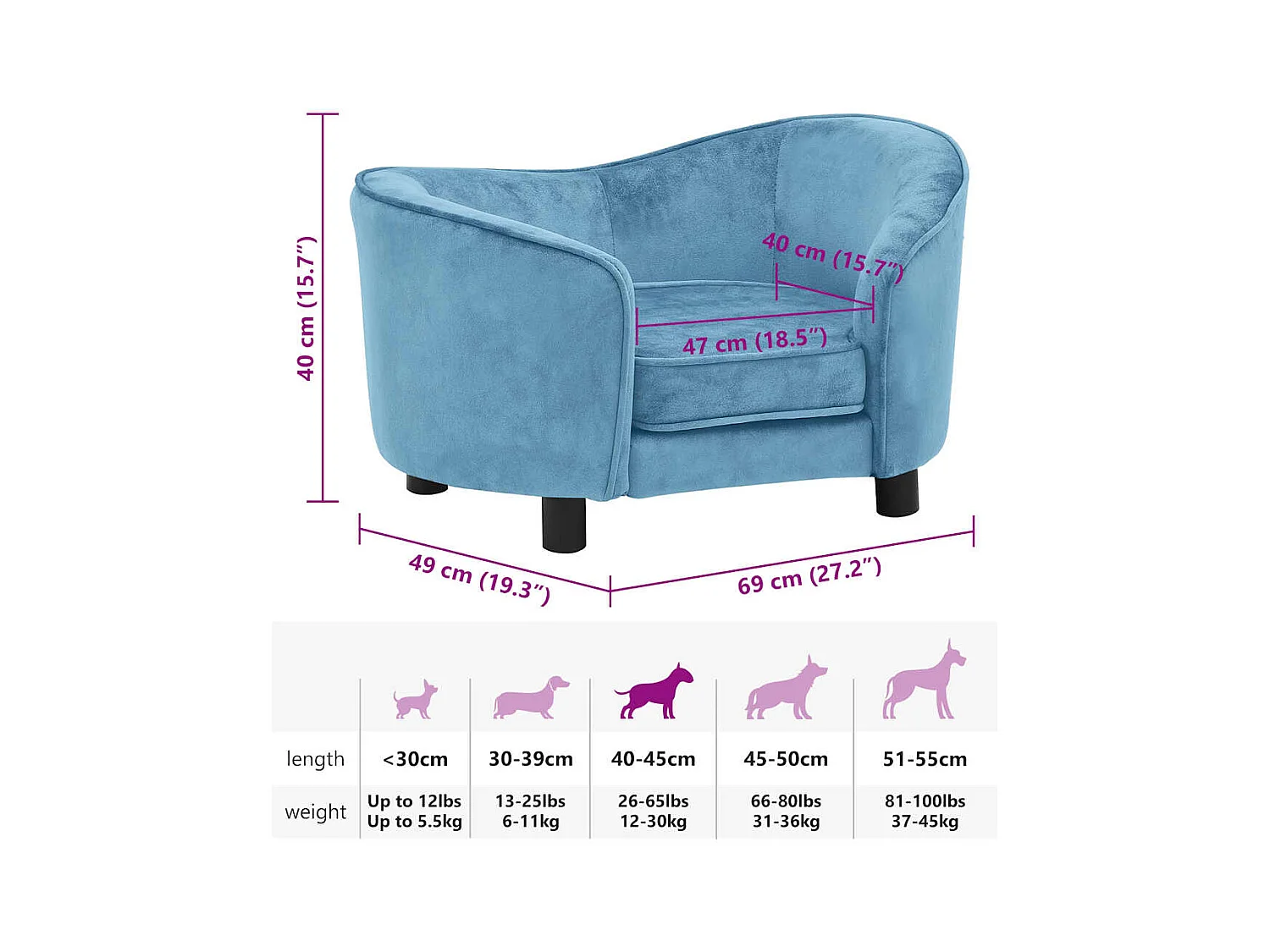 Canapé pour chien Turquoise 69x49x40 cm Peluche