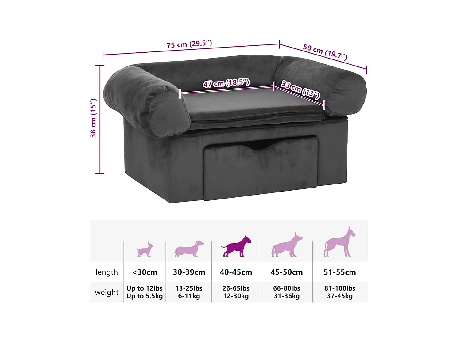 Canapé pour chien avec tiroir Gris foncé 75x50x38 cm Peluche