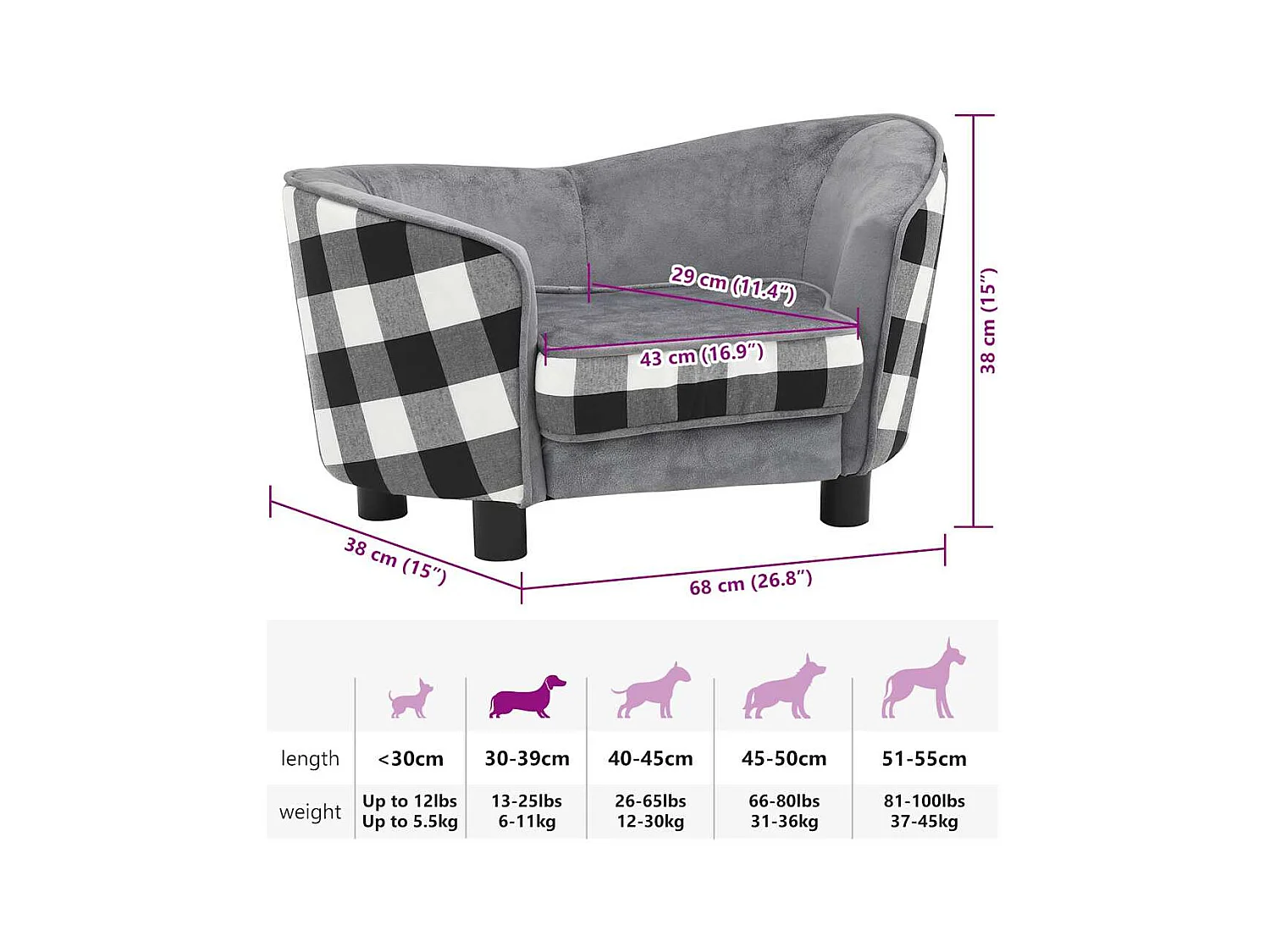 Canapé pour chien Gris 68x38x38 cm Peluche