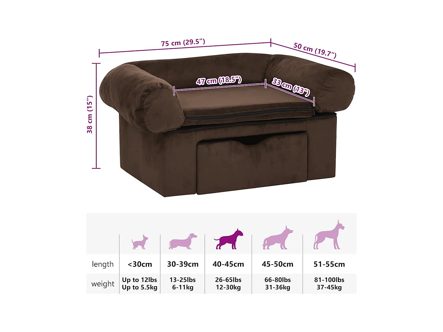 Canapé pour chien avec tiroir Marron 75x50x38 cm Peluche