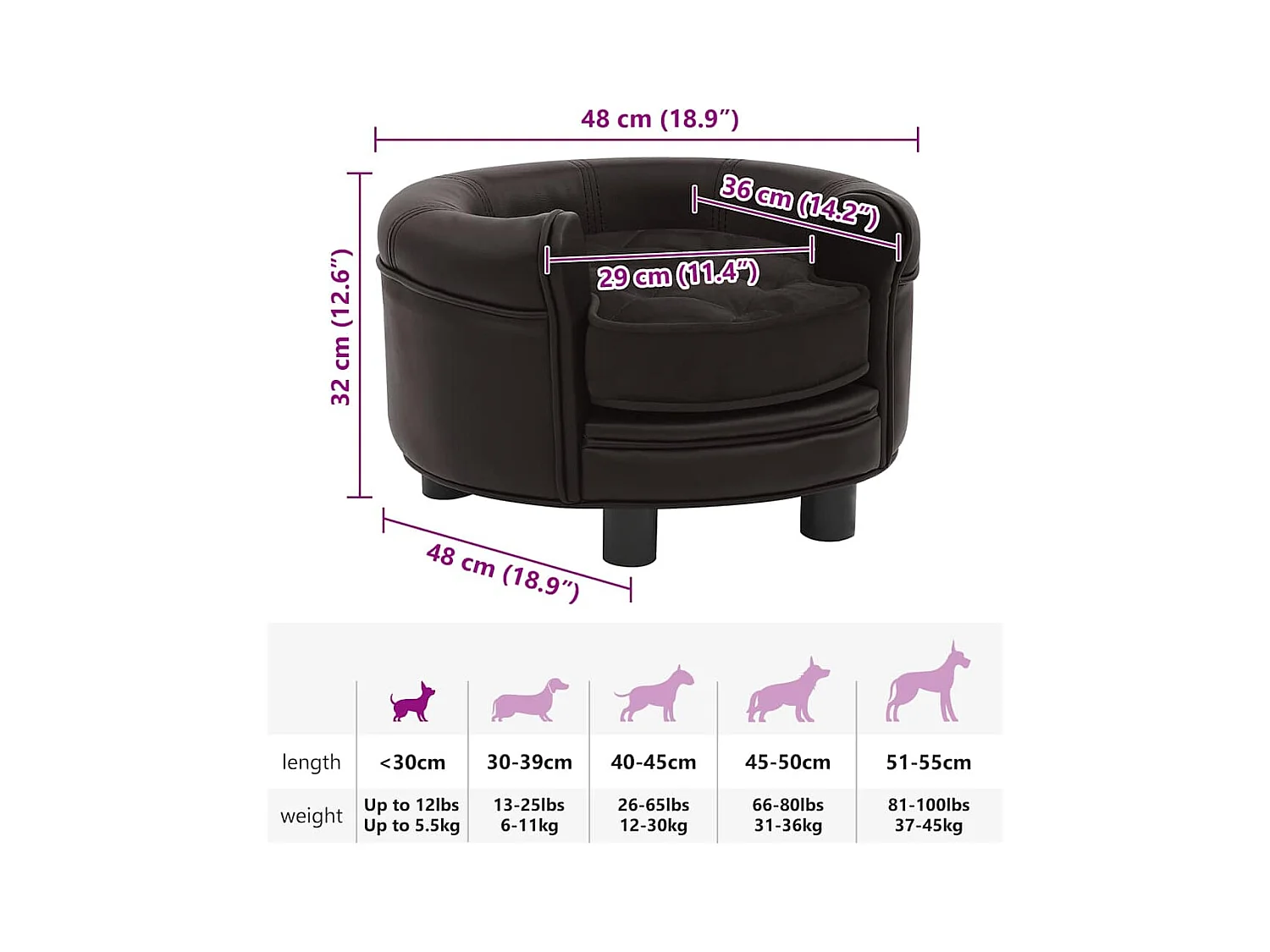 Canapé pour chien Marron 48x48x32 cm Peluche et similicuir