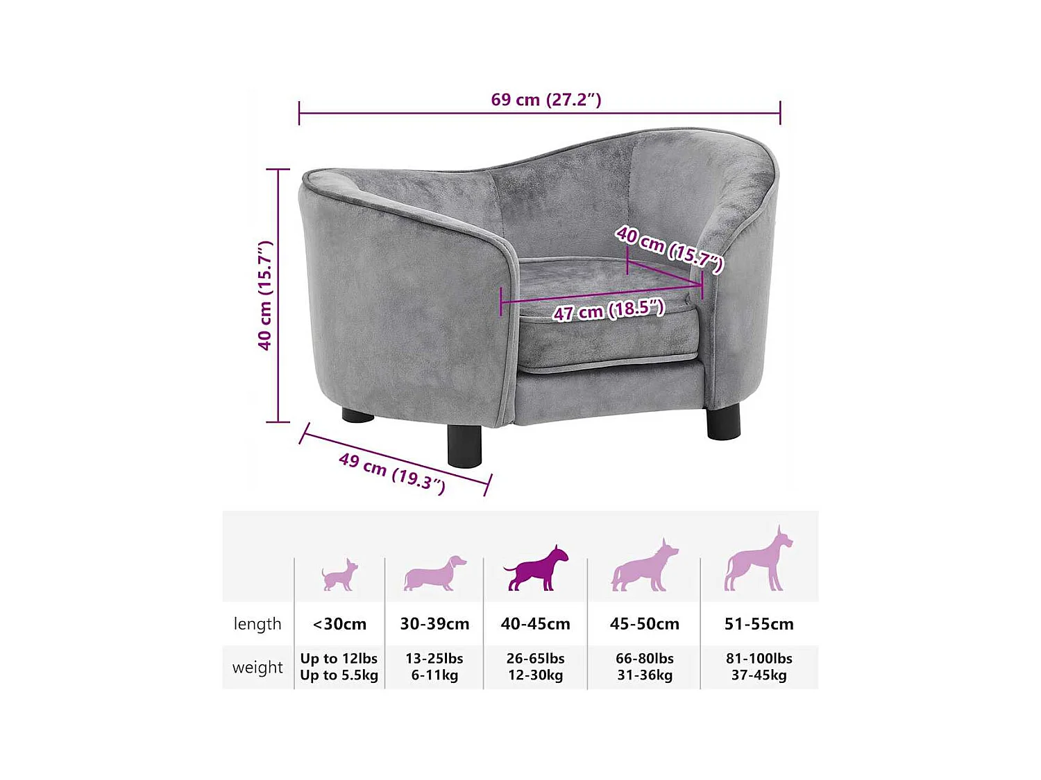 Canapé pour chien Gris 69x49x40 cm Peluche