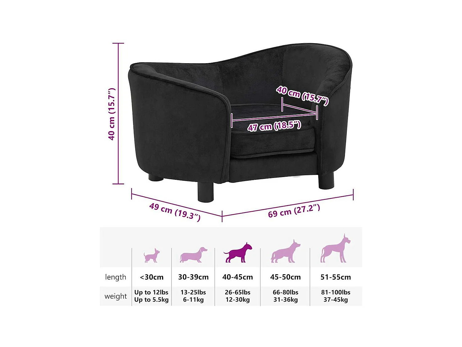 Canapé pour chien Noir 69x49x40 cm Peluche